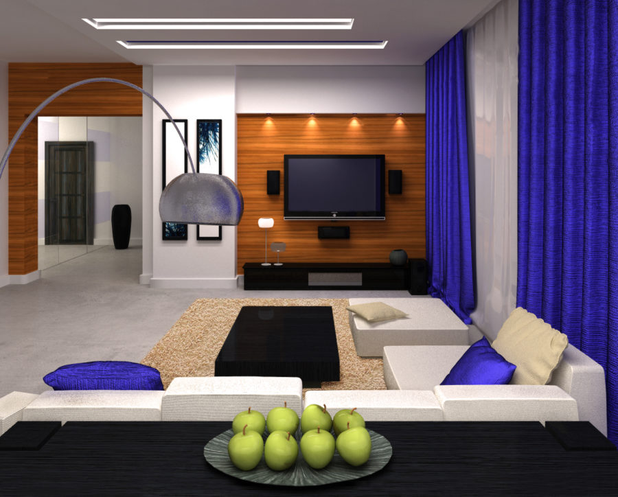 Как выделить комнату в доле. Кухня-гостиная в стиле Хай-тек. Интерьер гостиной в частном доме в современном стиле. Синий диван в интерьере гостиной совмещенной с кухней. 3d дизайн гостиной.
