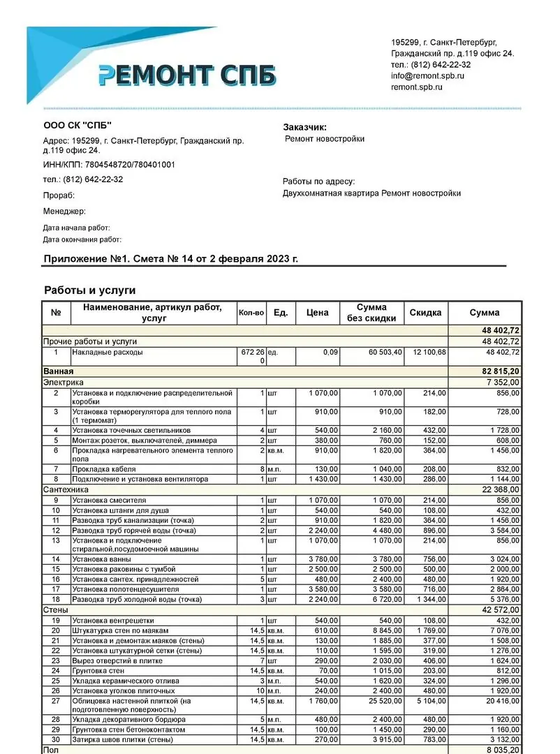 Новостройка ремонт 2 к комнатной квартиры — пример сметы
