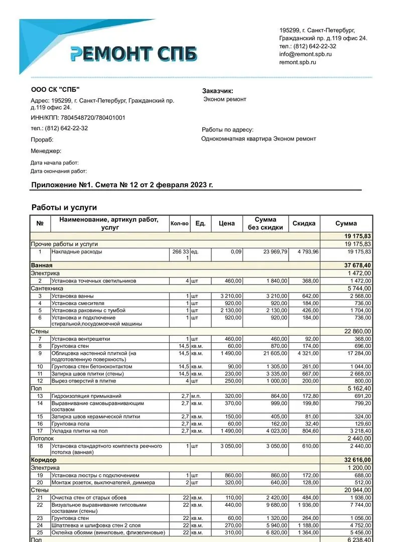 Эконом ремонт однокомнатной квартиры — пример сметы